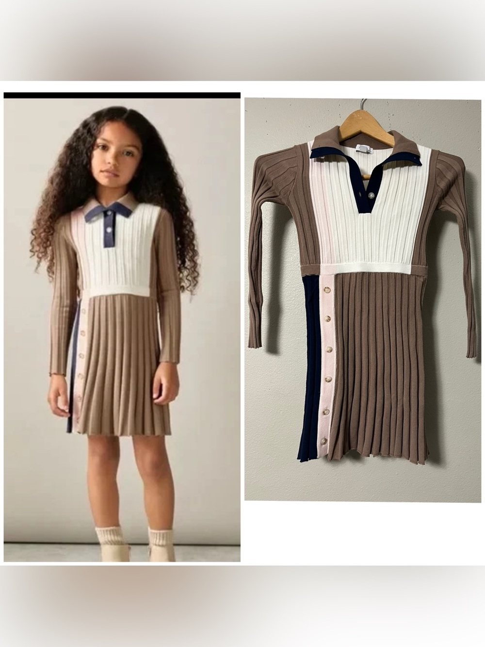 REISS KLEO 7-8 YRS RIBBED COLOURBLOCK FUNNEL NECK DRESS IN CAMEL